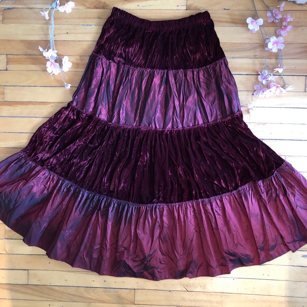 Vintage 90s/Y2K Tiered Burgundy Velvet Tafetta Whimsigoth Bohemian Skirt M - Picture 7 of 8